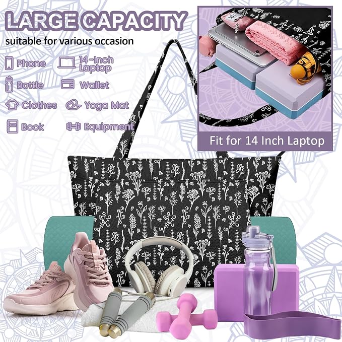 Yoga Bag for Women, Large Canvas Yoga Mat Tote Bag with Yoga Mat Carrier - Large Mat Pocket Fitness Tote for Pilates, Gym, Travel, Office & Beach