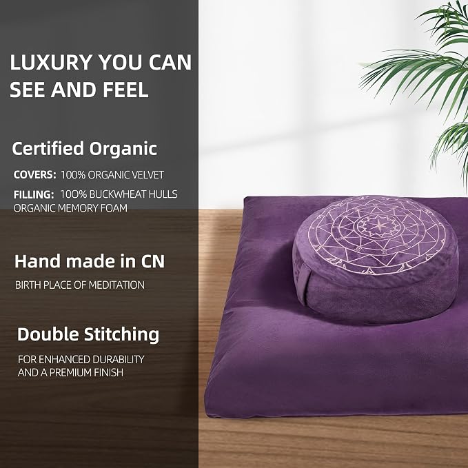 ellier Zafu & Zabuton Meditation Cushion Set - Buckwheat Hull & Memory Foam Pillows, Ergonomic Support for Yoga, Mindfulness - Organic Velvet Cover, Large Size, Purple
