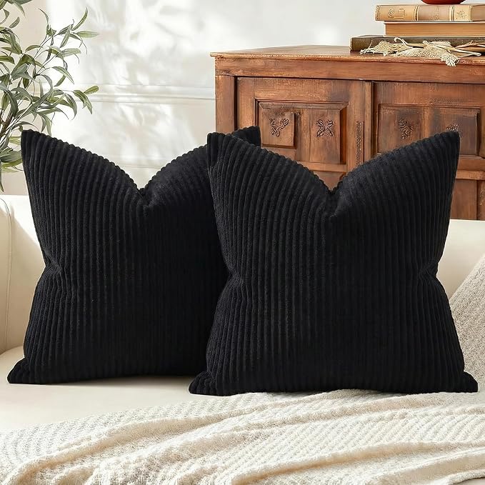 Mecatny Corduroy Decorative Throw Pillow Covers 24x24 Set of 2 Black | Soft Striped Texture, Hidden Zipper Design, Neutral Boho Square Pillow Cases for Sofa Couch Living Room Bedroom, Home Décor