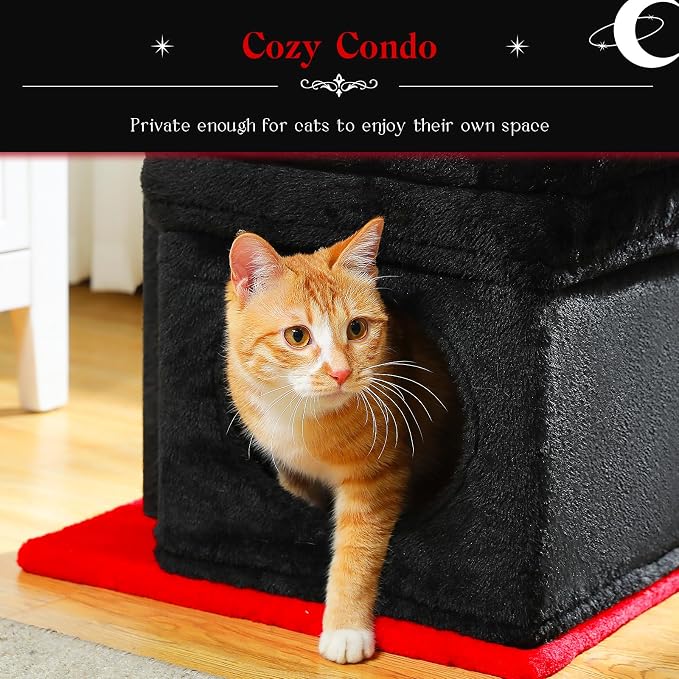 PEQULTI Indoor Cat Tree Tower Small Cats, Sisal Post & Cozy Condo, Black | Private soft cat condo, soft top perch, natural sisal scratch posts, plush pom-pom toy for indoor kitties