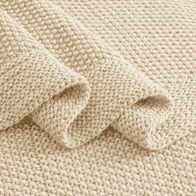 CozeCube Light Beige Seed Stitch Throw Blanket 50"x60", Farmhouse Decor | Blanket for Couch, Soft Cozy Cable Knit Throw for Bed Sofa Living Room, Lightweight Warm Decorative Christmas Blanket