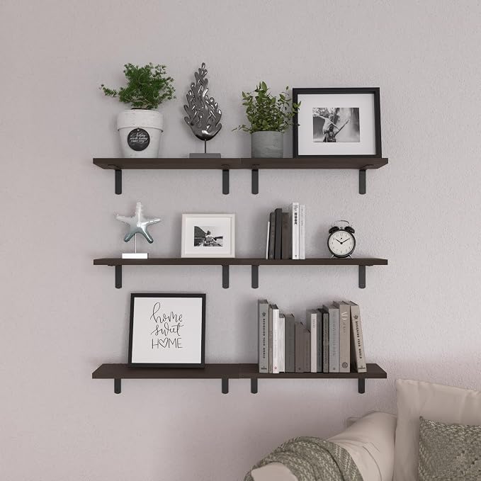 Wood Floating Shelves Set of 6, Shelves for Wall Decor, Farmhouse Shelf for Bedroom, Bathroom Storage Shelves, Book Shelves for Living Room, Dark Brown