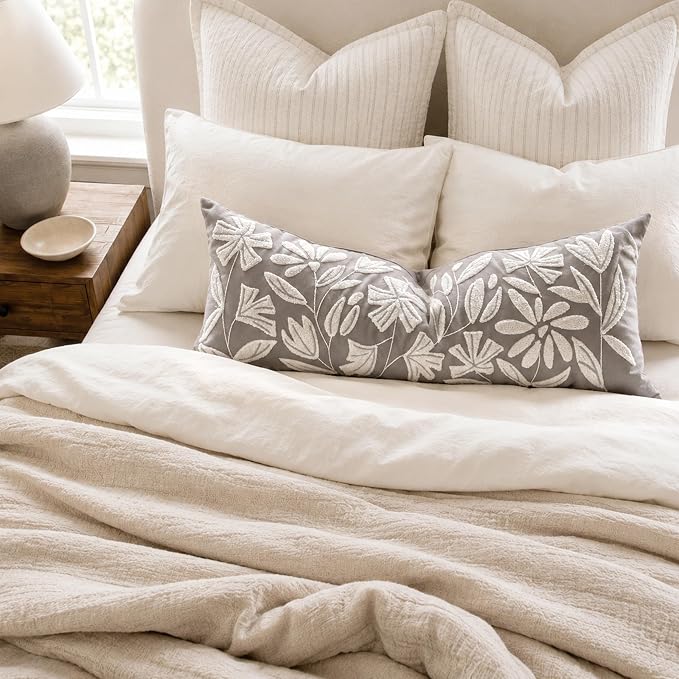 Long Lumbar Pillow Cover 14x36 for Bed, Light Gray Floral Tufted Velvet Accent Oversize Throw Pillowcase for Bedroom, Cover Only