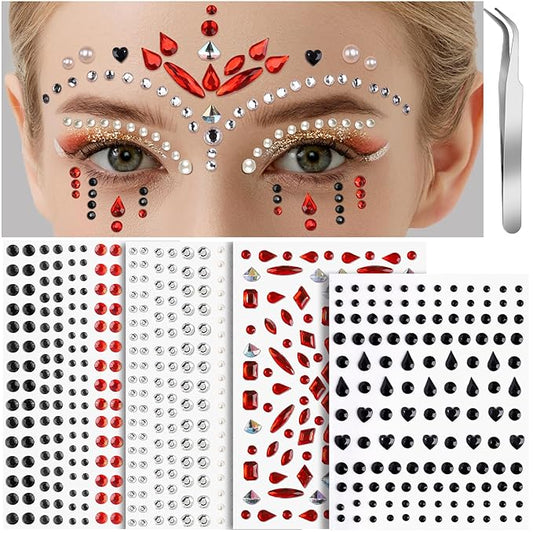 Teenitor 4 Sheets Face Gems Stick on, Face Jewels Red and Balck Face Rhinestones Gems, Festival Jewels Self-Adhesive Face Gems for Women, Rave Accessories for Face Eyes Body Halloween Makeup