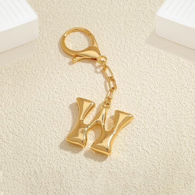 WOWORAMA Initial Letter Keychain for Women Chunky Gold Bubble Letter Bag Charm Purse Charm Personalized Keyrings Accessories