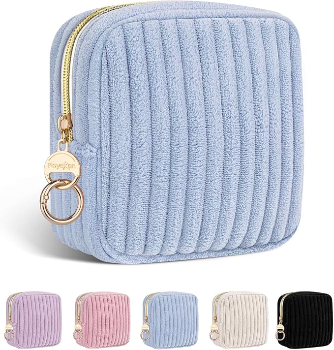 Period Bag for Teen Girls, Corduroy Sanitary Napkin Storage Bag, Fluffy Menstrual Pad PouchTampon Holder for Purse (Blue)