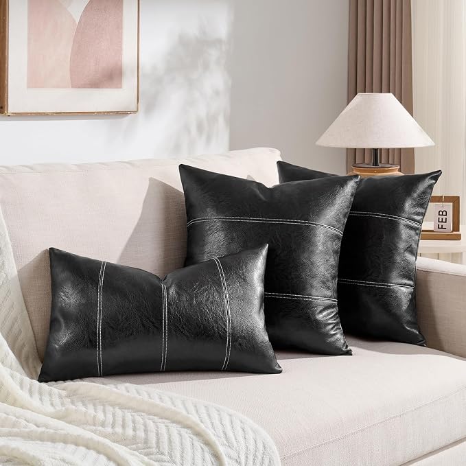Fancy Homi Black Boho Faux Leather Decorative Throw Pillow Covers 20x20 Inch for Living Room Couch Bed Sofa, Rustic Modern Farmhouse Home Decor, Hand Stitched Square Cushion Case 50x50 cm
