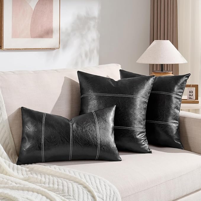 Fancy Homi Black Long Lumbar Faux Leather Decorative Throw Pillow Covers 12x24 Inch for Living Room Couch Bed Sofa, Boho Farmhouse Home Decor, Hand Stitched Rectangle Cushion Case 30x60 cm
