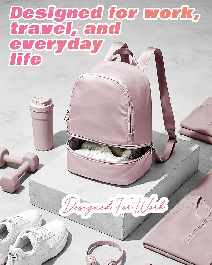 Small Gym Backpack for Women, Office-to-Gym Casual Daypack with Shoe Compartment, Lightweight Water Resistant Small-Size Bag, Clean Fit Style Work Backpack for Daily Use, Pink