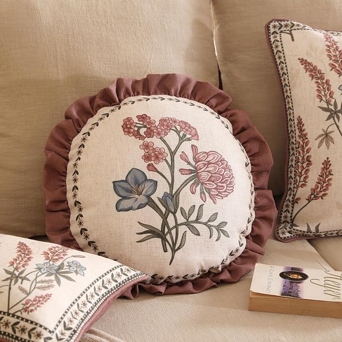 Designer Linen Throw Pillow Cover,Set of 2,Diameter 16"-Helena D | Vintage Elegant Round Decor Pillow Cover,Concealed Zipper Design,Floral Pattern,Sofas,Bedroom,Living Room,Lounge Chairs