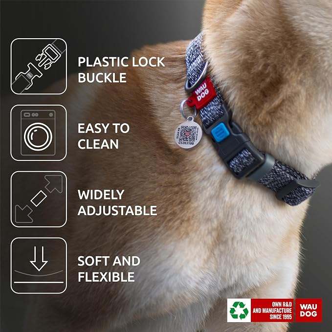 WAUDOG Reflective Cotton Dog Collar Eco-Friendly Alt to Nylon Collar for Small Medium and Large Dogs - Pet Collar with QR ID Tag - Puppy Collar for Large Breed Dogs - Adjustable Male Female Dog Collar