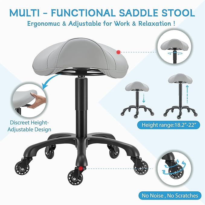 Saddle Salon Stool with Wheels,Heavy Duty Adjustable Rolling Stool for Barber, Tattoo, Nail,Spa,Dentist(Gray)