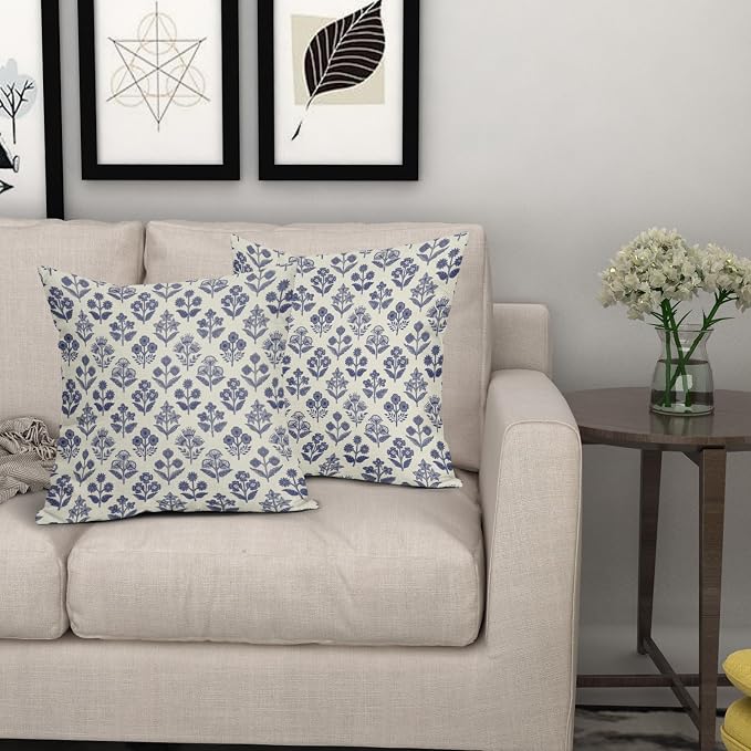 Navy Blue Floral Pillow Covers 18x18 Inch Set of 2, Vintage Flower Block Print Pattern Decorative Throw Pillowcases Outdoor Farmhouse Cushion Covers Spring Summer Rustic Sofa Couch Bed Decor