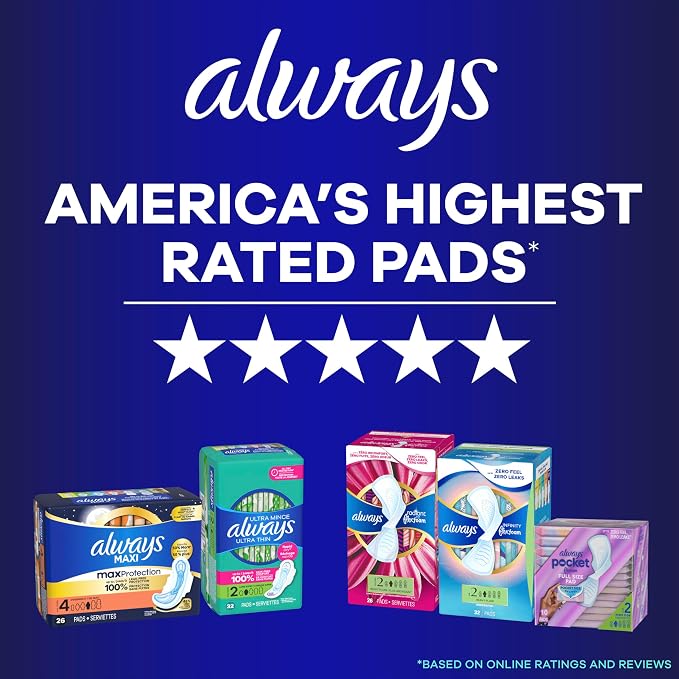 Always Maxi Overnight Feminine Pads with Wings for Women, Size 6, Ultimate Heavy Overnight Absorbency, Unscented, Up to 100% Leak-Free Protection, 21 Count