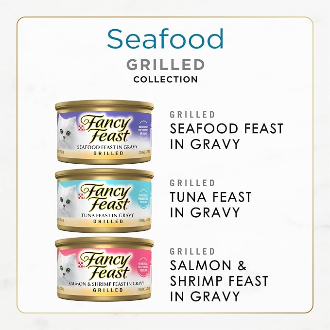 Purina Fancy Feast Grilled Seafood Wet Cat Food, 3 oz Cans, 30-Pack | Variety Pack, No Artificial Colors or Preservatives, 100 percent complete and balanced nutrition