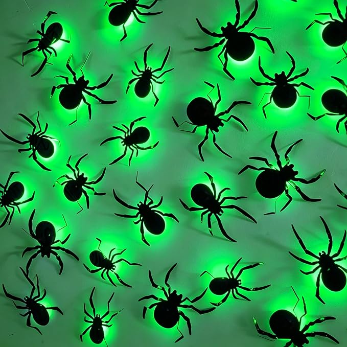 DR.DUDU 36 Pack Halloween Wall Decor Light up Spiders, Green | 3D Spider Stickers, Removable Wall Decals, Assorted Sizes, PVC, Window Decorations, For Indoor Outdoor Bathroom Home Party