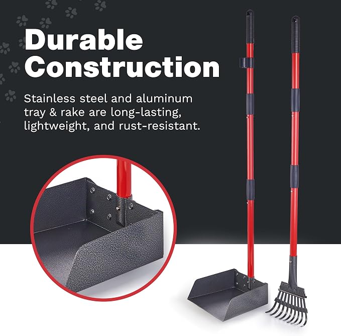 Pooper Scooper for Dogs with Long Handle Rake & Tray, Heavy Duty | Pawler Rustproof Aluminum Poop Scooper Set with 36+" Handles for Yard, Grass, Dirt & Gravel