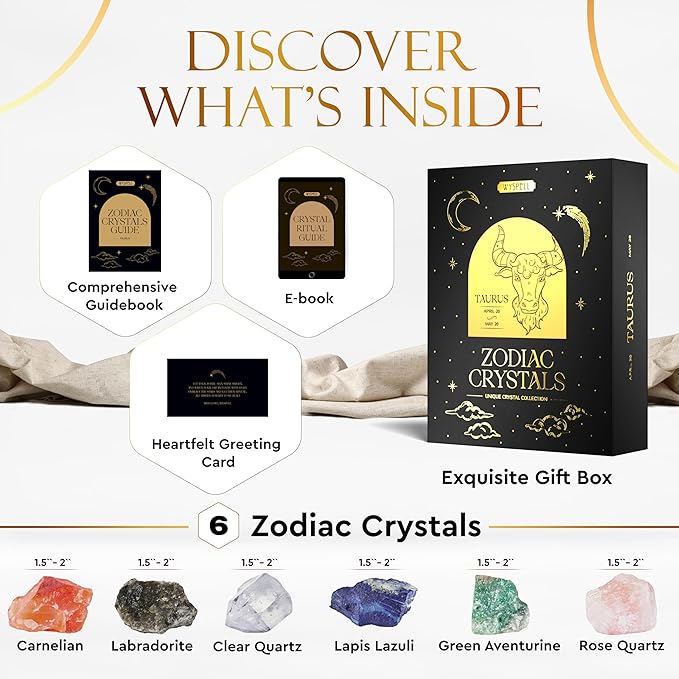 Wyspell Taurus Crystal Set - 6 Raw Taurus Crystals and Healing Stones - Zodiac Gifts for Women - Birthday Gifts for Women - Astrology Gifts for Women - Zodiac Crystal Set