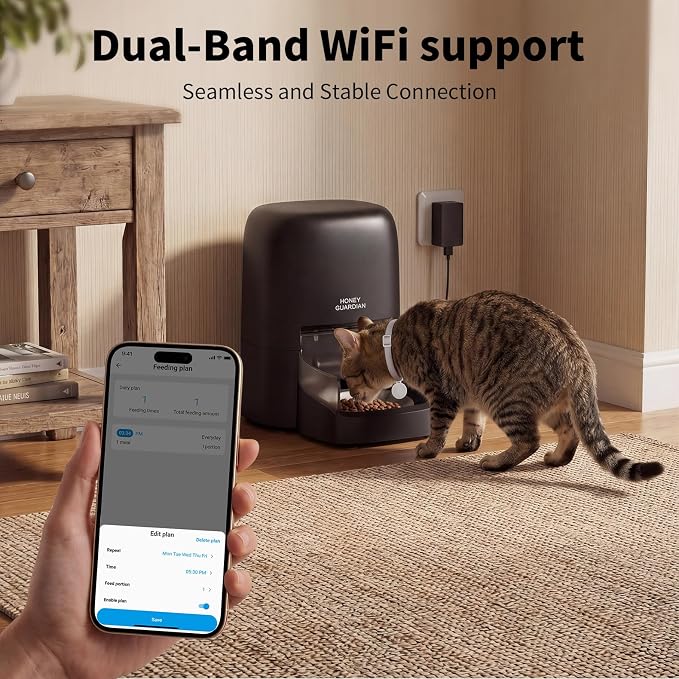 HoneyGuaridan RFID Automatic Cat Feeder with Collar Tag-Activated Personalized Meal, 4.6L 5G WiFi APP Control Cat Food Dispenser with 5000mah Battery,Multi-Pet Homes and Different Diets