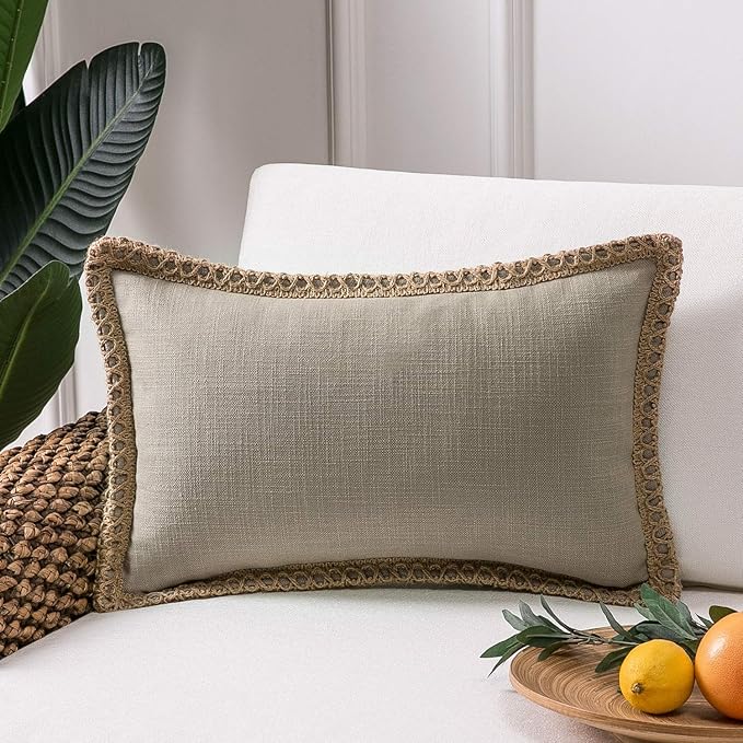 Phantoscope Farmhouse Solid Throw Decorative Pillow Cover Burlap Linen Trimmed Tailored Edges Outdoor Pillow Beige 12 x 20 inches, 30 x 50 cm