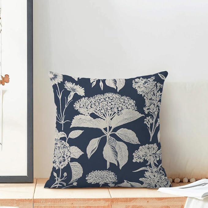 Floral Pillow Covers 18x18 Set of 2 Blue Beige Hydrangea Herbs Botanical Throw Pillow Covers Outdoor Decor Vintage Boho Flower Pillowcase Farmhouse Decorative Linen Cushion Case for Couch Sofa