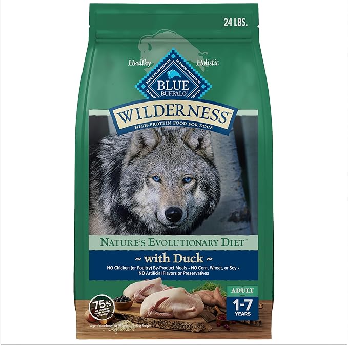 Blue Buffalo Wilderness Duck & Wholesome Grains Adult Dry Dog Food, 24 lb | 39g Protein, Real Duck #1 Ingredient, Antioxidant-Rich Fruits & Veggies, High Protein to Fuel Adventures