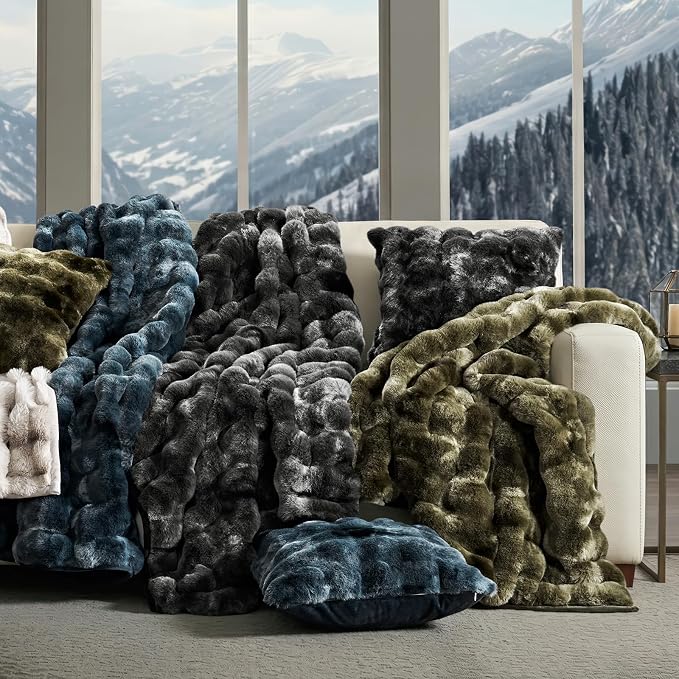 Faux Rabbit Fur Bubble Throw Blanket, 50"x60", Marble Olive | Ultra Soft, Luxury Faux Rabbit Fur Throw, Thick Warm Bubble Blanket, Cozy Fluffy Reversible, for Bed, Couch, Chair, Sofa