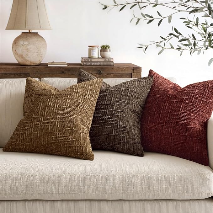 MIULEE Chenille Textured Fall Throw Pillow Covers Rust 18x18 Set of 2 | Slubby Decorative Pillows, Boho Farmhouse Rustic Home Decor, Modern Neutral Cushion Covers for Couch Sofa Bed Living Room