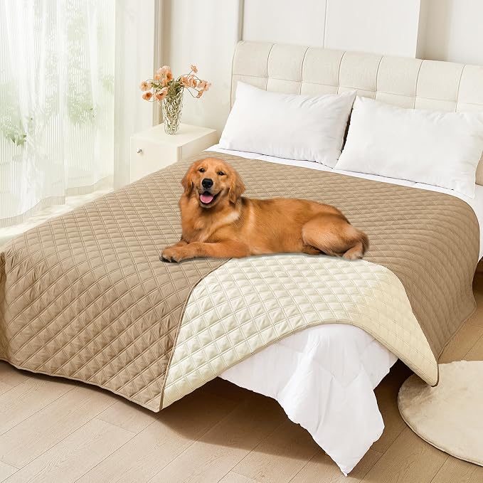 Smiry Waterproof Reversible Dog Bed Cover Pet Blanket | Pet Friendly, Soft Fabric, Washable Dog Blanket for Furniture Bed Couch Sofa, Checkered (82"x102", Camel/Beige)
