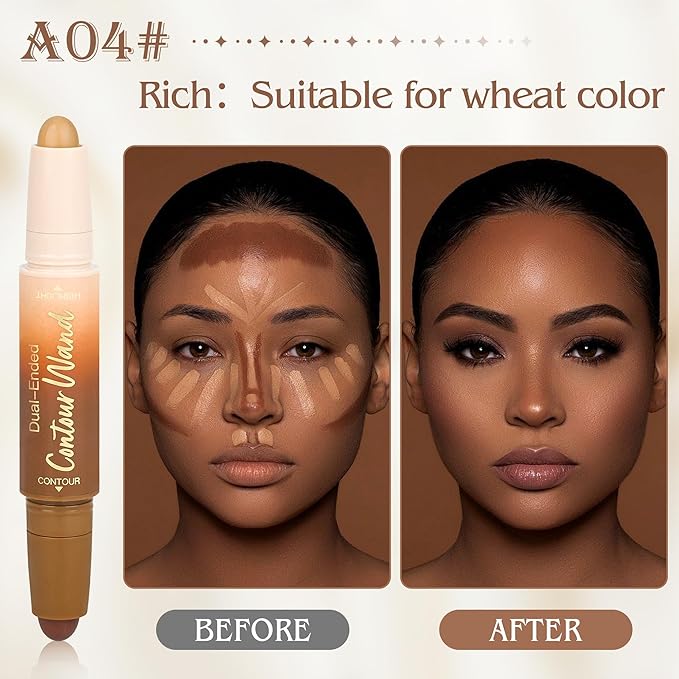 Contour Highlighter Stick，2-in-1 Dual-Ended Cream Bronzer & Highlighter Sticks Pen for Face Body Contouring Makeup- Buildable，Waterproof, Easy to Apply Suitable for Beginners，04Nude Brown+Nude