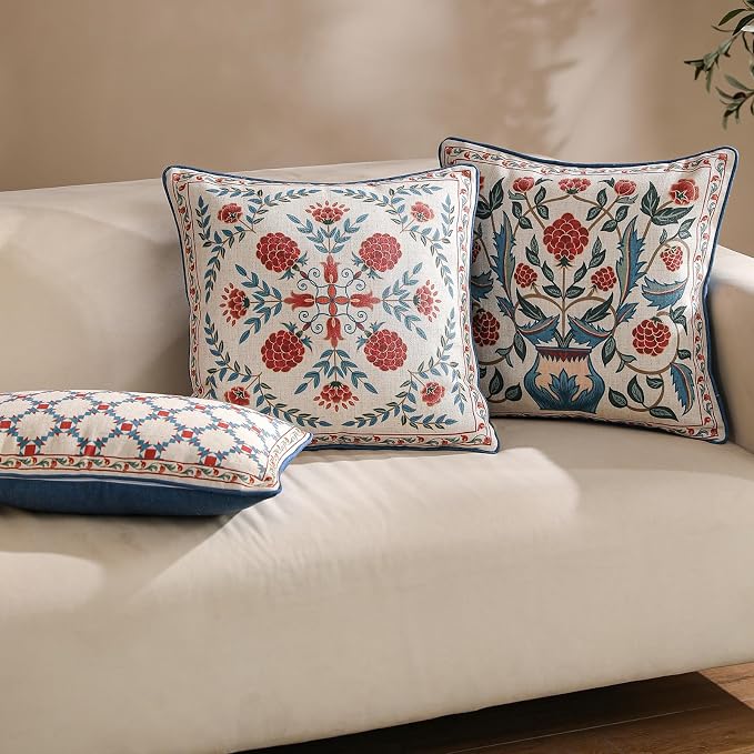 patdrea French Vintage Linen Throw Pillow Cover,18"x18",Set of 2-Puno B | Elegant Decorative Pillow Case with Zipper,Elegant Floral Pattern,Pillow Cover for Couch Living Room Bedroom Sofa