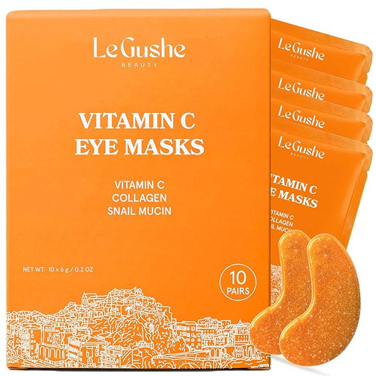 LE GUSHE Vitamin C Eye Patches with Collagen and Snail Mucin, Aloe Vera Eye Patches for Puffy and Dark Undereyes, Korean Skincare for All Skin Types, 10 Pairs