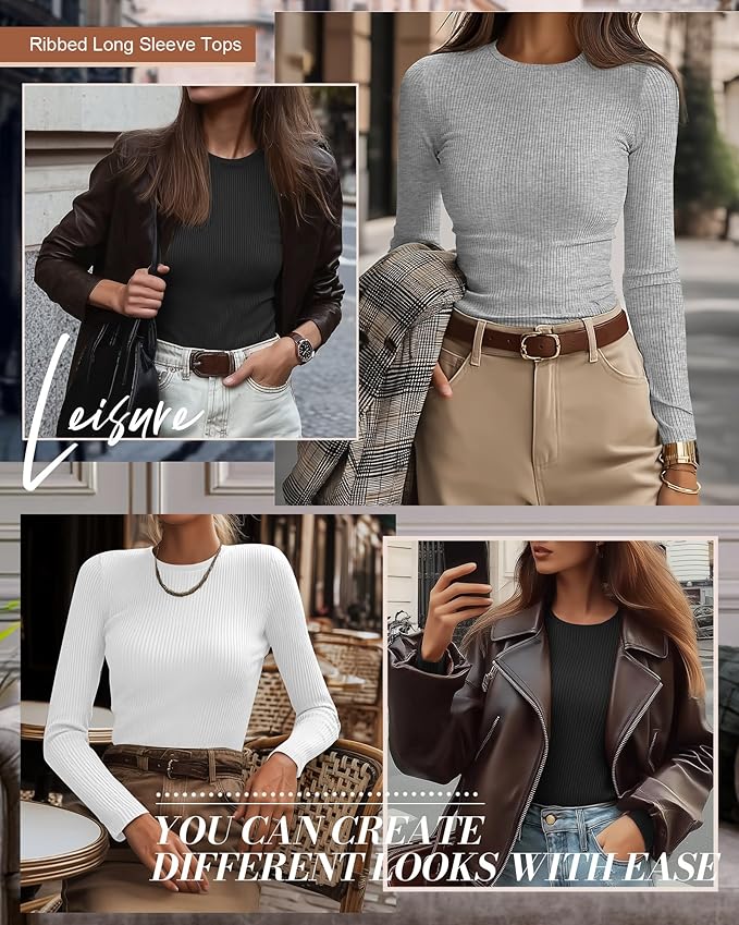 Ficerd 3 Pack Women's Ribbed Long Sleeve Tops, Crew Neck Slim Fit Undershirts Knit Basic Casual Stretch Layering Tee Shirts