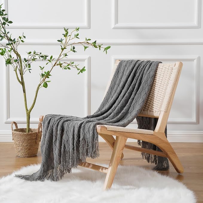 BATTILO HOME Dark Grey Throw Blanket for Couch, Textured Solid Soft Sofa Throw, Knitted Decorative Grey Blanket, 50"x60"