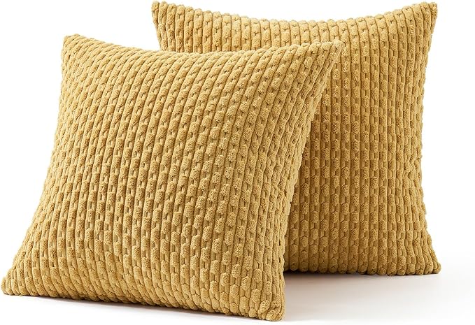 MIULEE Decorative Throw Pillow Covers 18x18 Gold Textured Corduroy | Pack of 2 Striped Pillow Covers Modern Farmhouse Home Decor for Couch Bed Sofa Living Room
