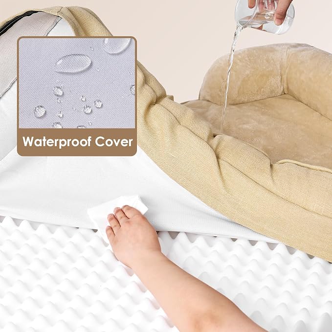 EHEYCIGA Orthopedic Dog Beds Large Sized Dog, Waterproof Washable Pet Bed | Non-Slip Bottom and Egg-Crate Memory Foam Dog Couch Bed with Washable Removable Cover, Greige