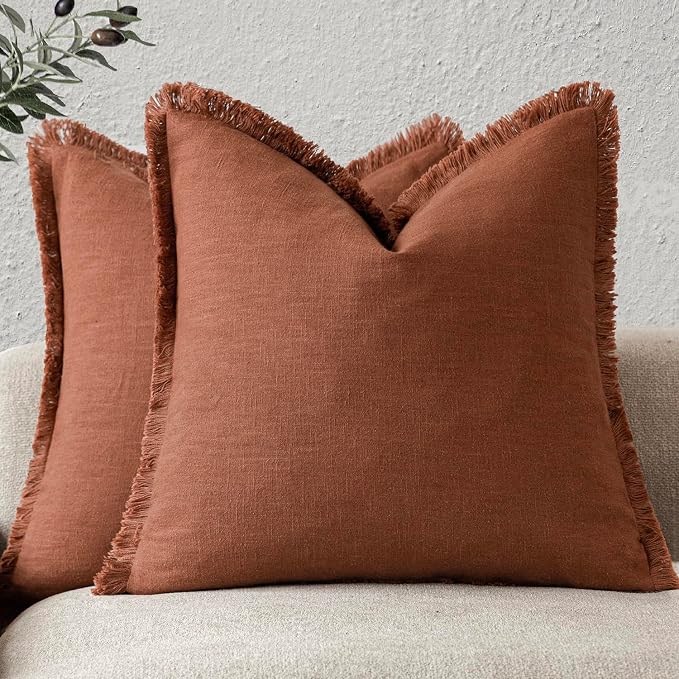 Foindtower Set of 2 Decorative Linen Fringe Throw Pillow Covers Farmhouse Cushion Cover with Tassels Soft Accent Pillowcase for Couch Chair Sofa Bed Living Room Home Decor,16×16 Inch,Fall Rust Orange