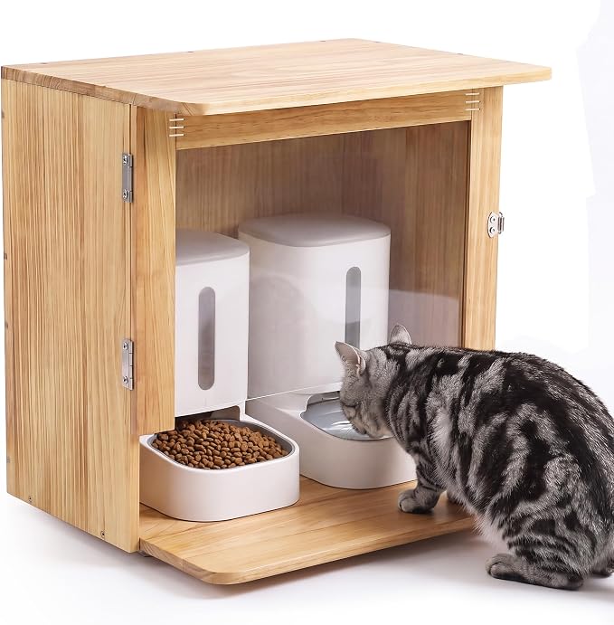Outdoor Wooden Cat Feeding Station with Wall Anchor | Weather-Resistant, Fits 2 Automatic Feeders or Bowls, 1-Gal Water Dispenser, Cable Port, For Stray, Feral & Community Cats