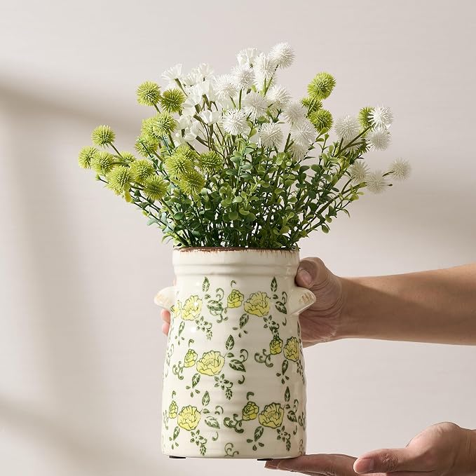 SIDUCAL Ceramic Rustic Vase with 2-Ear, 7.6 Inch Ice Cracked Vintage Pastoral Vase, Rustic Farmhouse Vases for Home Decor, Table, Living Room, Shelf Decor, Chinoiserie Decor, Yellow Rose Pattern