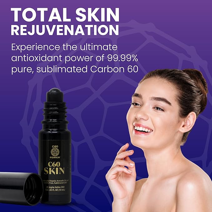 C60 Power Skin Roll On - Roller for Face, Hands & Body, Made with Organic Avocado Oil & 99.99% Pure Sublimated Carbon 60, Age Defying Skin Care, Natural Support for Wrinkles & Dry Patches - 0.33 fl oz