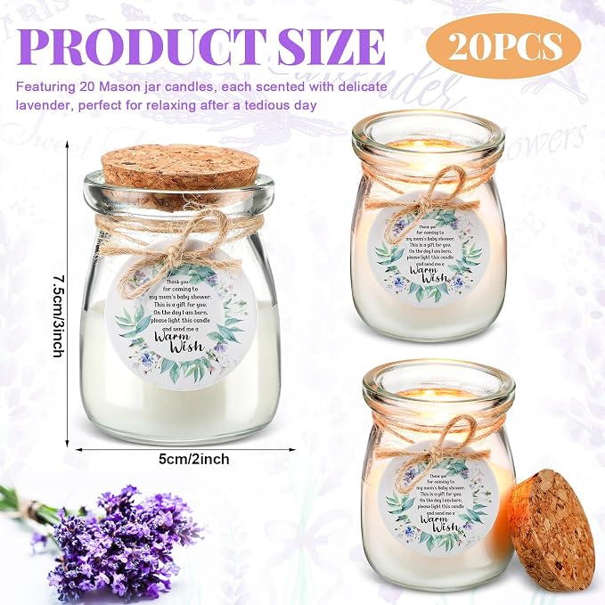 Threlaco 20 Pcs Leaf Baby Shower Favors Party Candle Lavender Scented Glass Mason Jar Wax Candle Bulk for Guests Girl Boy Gender Reveal Party Gifts(Green)