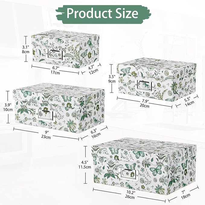 Briful Decorative Storage Boxes with Lids, 4 Pack Green Floral Cardboard Nesting Gifts Boxes with Metal Label Holders, Stackable Keepsake Photo Organizers for Home Closet Shelf Bedroom Office Decor