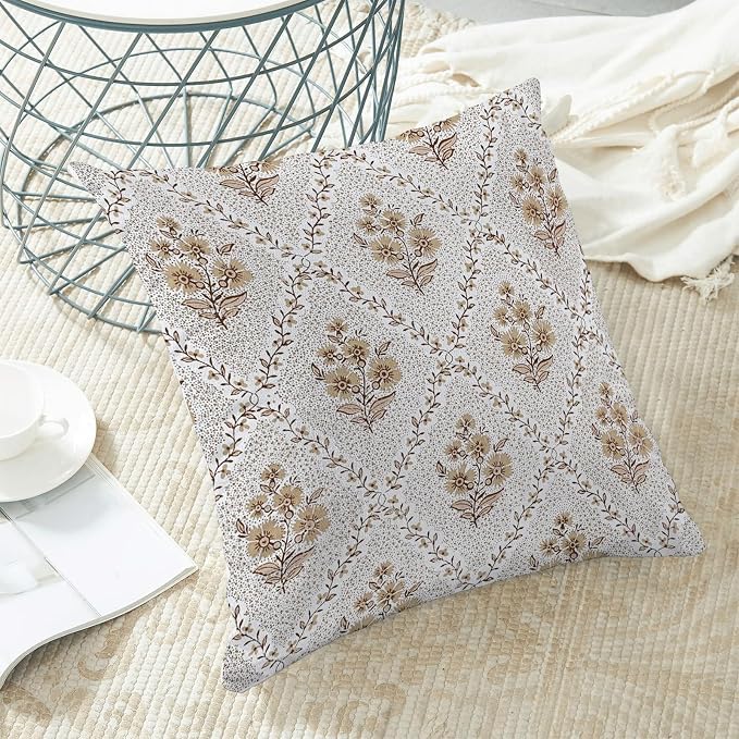 Floral Pillow Covers 18X18 Set of 2 Block Print Brown Flower Decorative Throw Pillow Covers Boho Modern Floral Decor Pillowcase Farmhouse Linen Cushion Case for Sofa Couch Outdoor Decoration