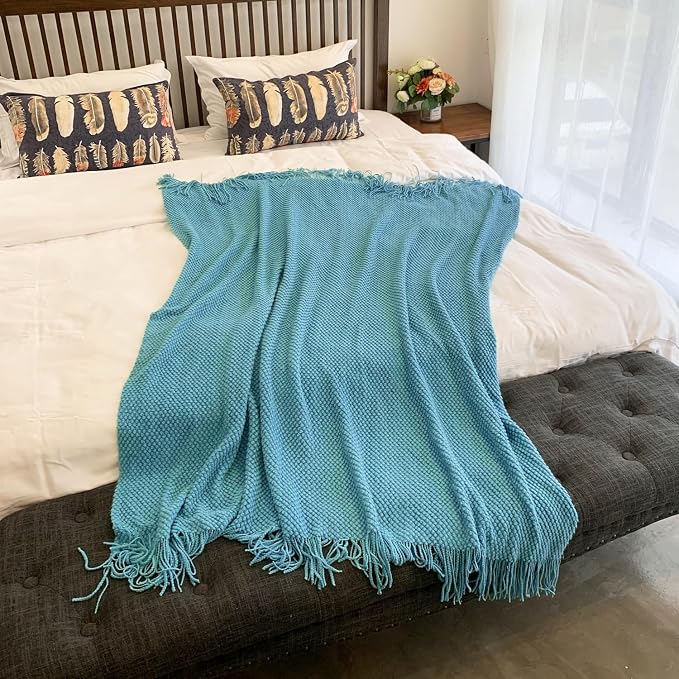 LOMAO Knitted Throw Blanket with Tassels Bubble Textured Lightweight Throws for Couch Cover Home Decor (Lake Blue, 50x60)