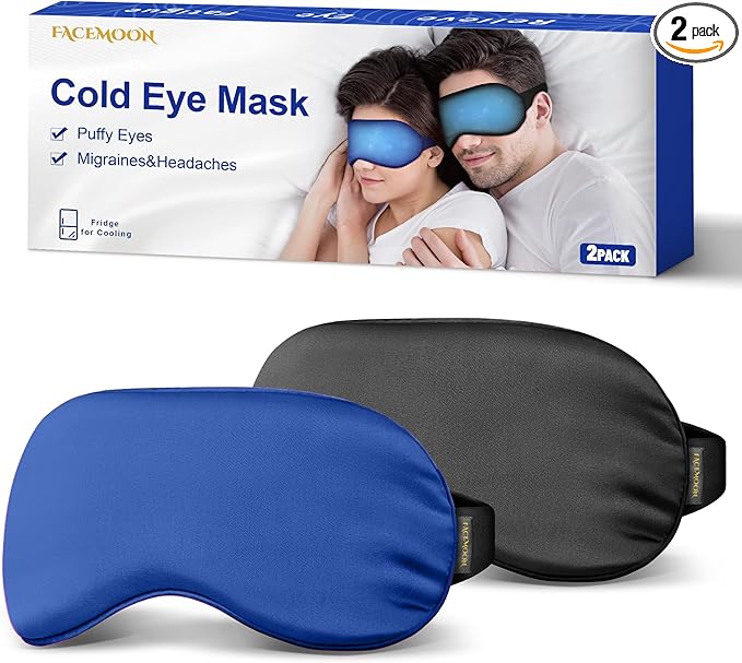 2PCS Cold Eye Mask - Cooling Eye Mask for Puffy Eyes, Cold Compress for Dark Circles, Tired Eyes, Headache, Migraines Relief - Reusable Gel Ice Pack, Weighted Sleep Mask((Black,Blue)