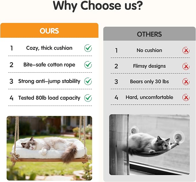 Cat Window Perch Hammock with Solid Wood Seat & Plush Cushion | 4 heavy-duty suction cups, comfortable indoor cat bed & perch, sturdy wooden window seat, space-saving cat hammock