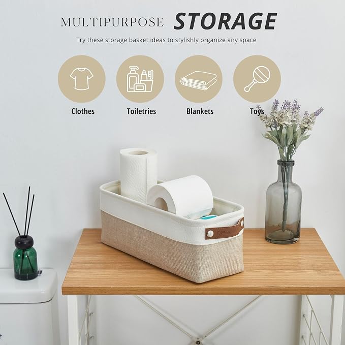 DECOMOMO Narrow Storage Bins, Small Storage Baskets for Shelves 4 Pack | Baskets for Organizing Bathroom, Toilet Tank, Gifts (Beige & White)