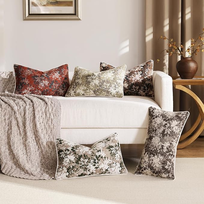 Pack of 2 Vintage Floral Pillow Covers 12x20 Boho Farmhouse Accents Chenille Rectangular Lumbar Decorative Throw Pillow Cases for Living Room Couch Bed Home Decor, Green and Taupe