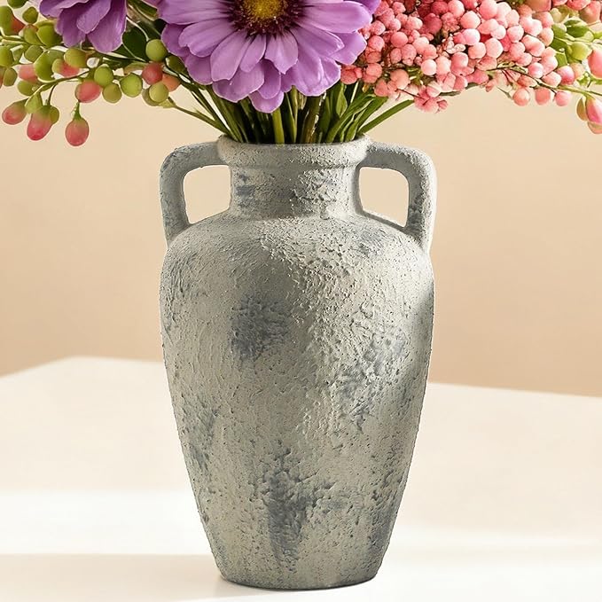 Ceramic Flower Vase, 11.41 Inch Tall Rustic Vase with 2 Handles | Terracotta Farmhouse Vase Adds Rustic Charm to Living Room, Dining Table, Kitchen, and Office Decor, Perfect for Home Styling