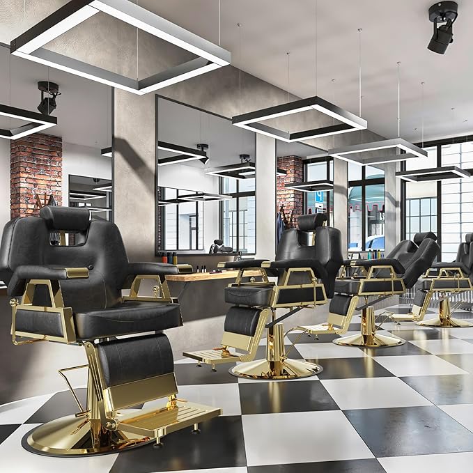 OmySalon Classic Barber Chair with 2 Hand Levers, Reclining Salon Chair for Hair Stylist All Purpose Heavy Duty, Adjustable Headrest, Tattoo Barbershop Beauty Spa Equipment, Black & Gold